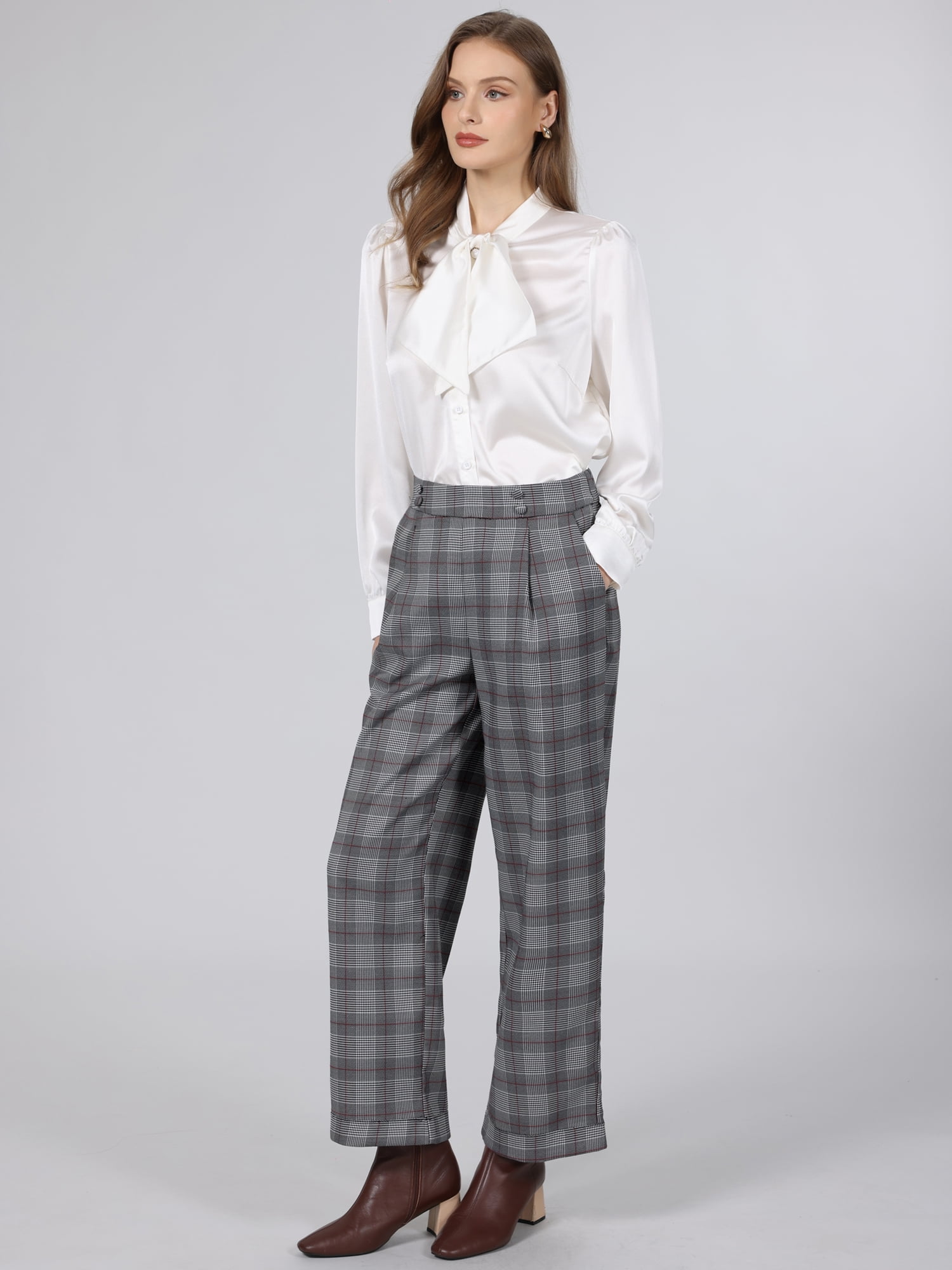DARING DIVA Women's Plaid Work Pant High Waist Houndstooth Trousers 2XL Black
