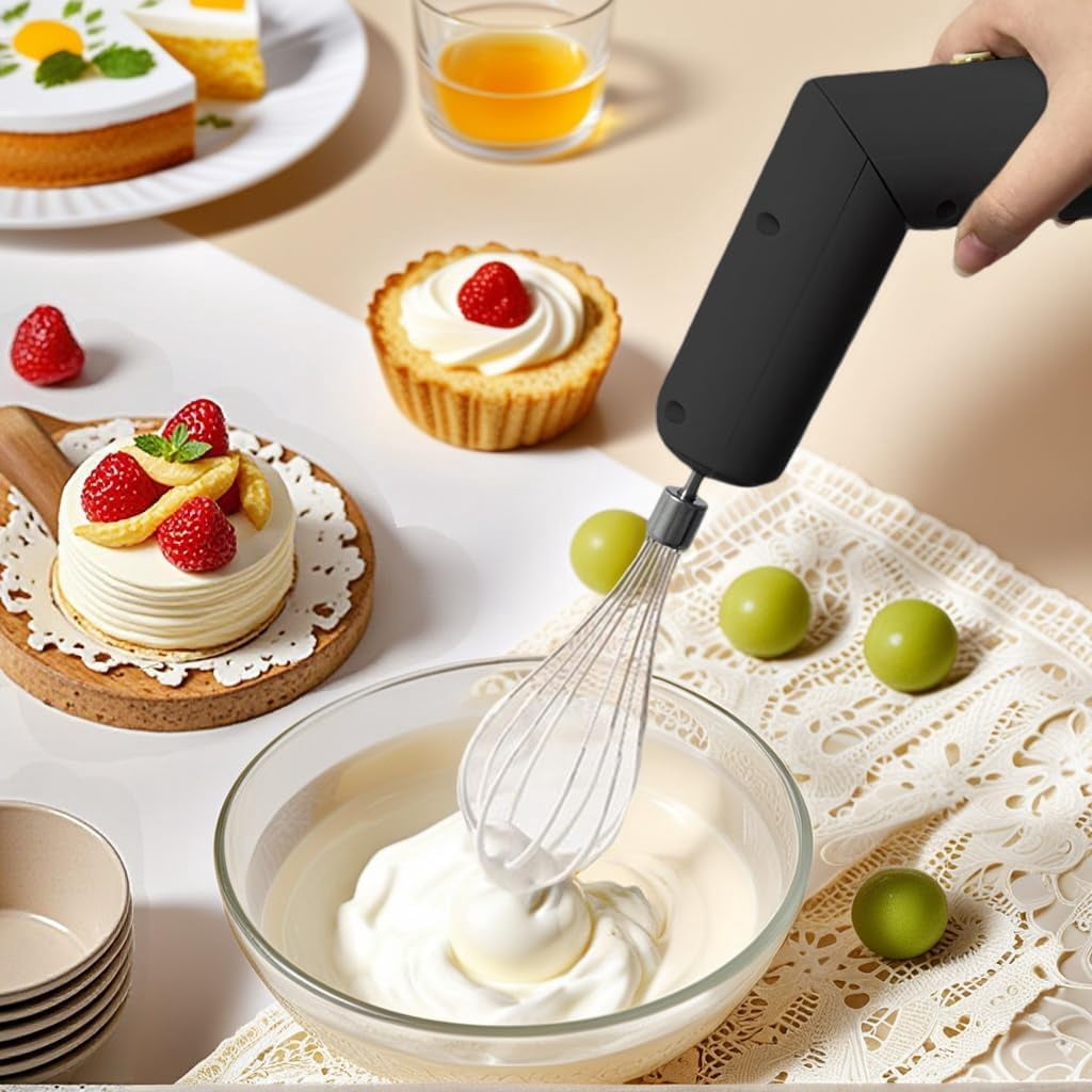 ABCISI Cordless Hand Mixer, Foldable Design Handheld Electric Whisk with 3 Speed Modes, Rechargeable Egg Beater with 2 Detachable Stir Whisks for Eggs/Milkshake Cream/Butter/Baby Food (Black)