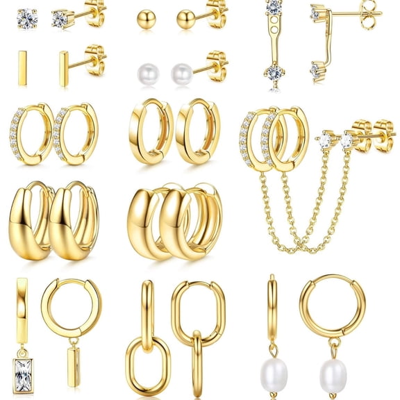 TAETOE 13 Pairs Small Stud Hoop Earrings Set for Women Hypoallergenic Gold Plated Huggie Hoops Pearl Dainty Lightweight Earrings for Gift