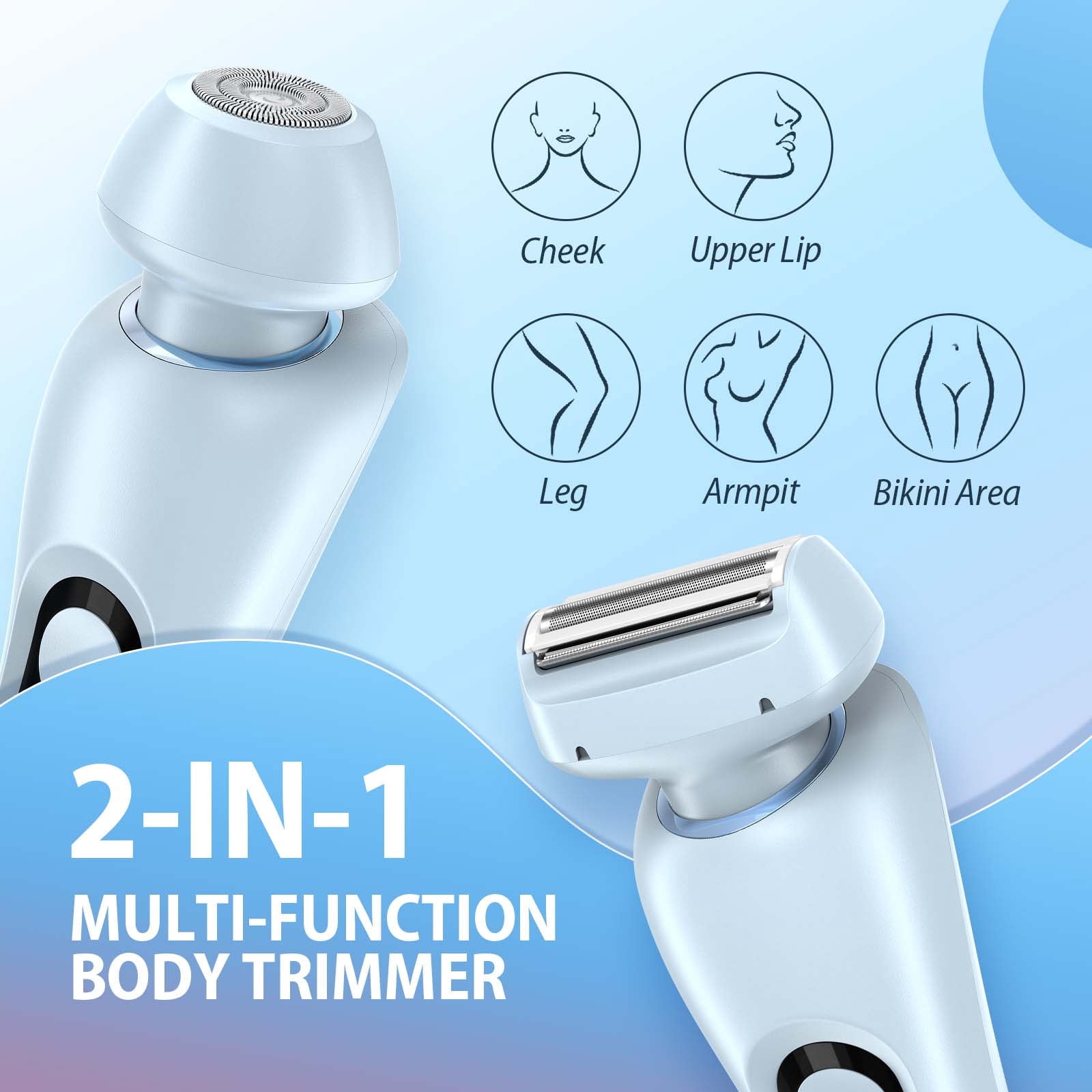 Electric Razor for Women, 2 in 1 Wet & Dry Painless Removal Shaver with Detachable Head, Base and LED Display, IPX7 Waterproof Long Battery Life Hair Removal for Underarm ArmBikini Legs Face (Blue)