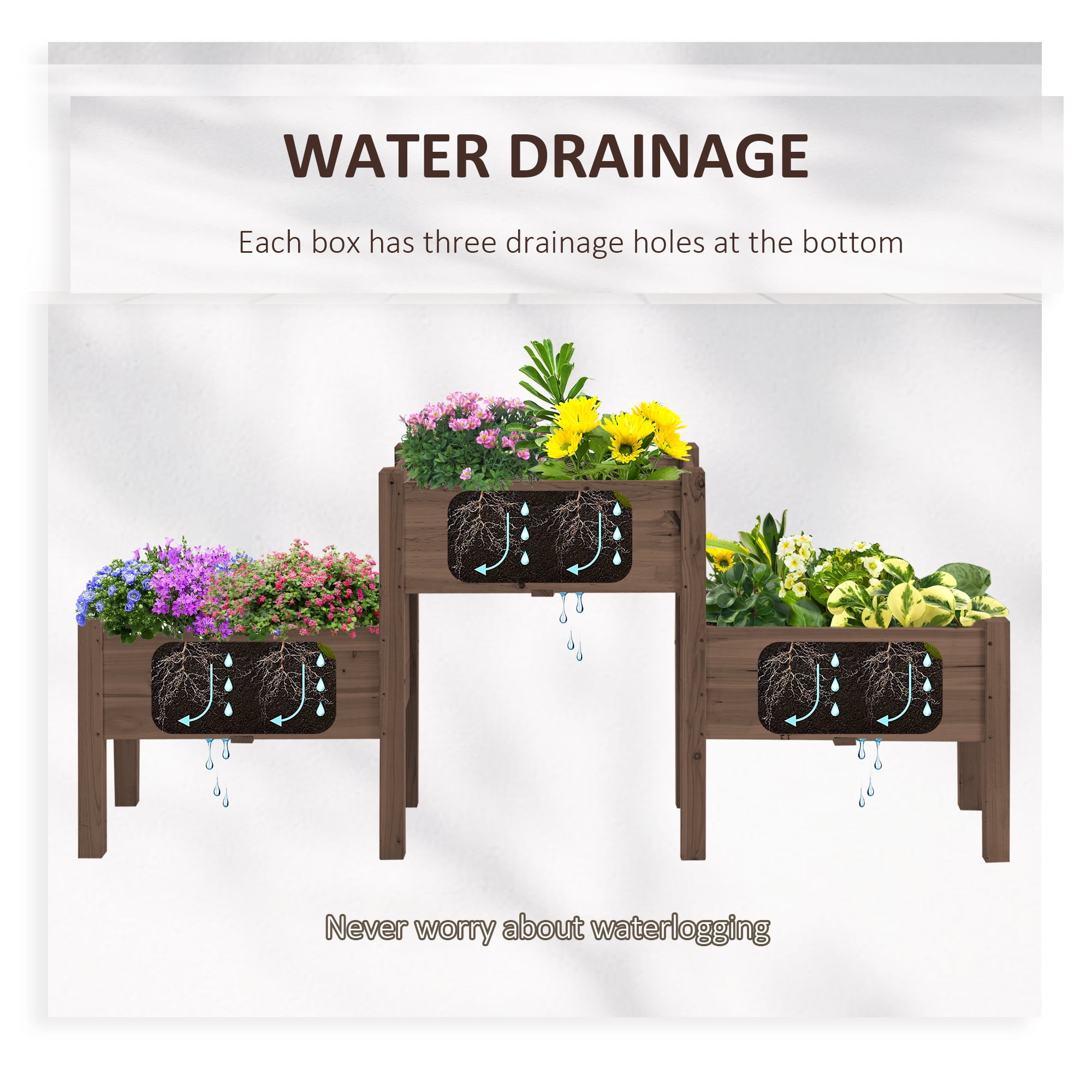 Outsunny 73" x 18" x 32" Raised Garden Bed w/ Three Elevated Planter Box, Freestanding Wooden Plant Stand for Vegetables, Herb, Flowers, Coffee