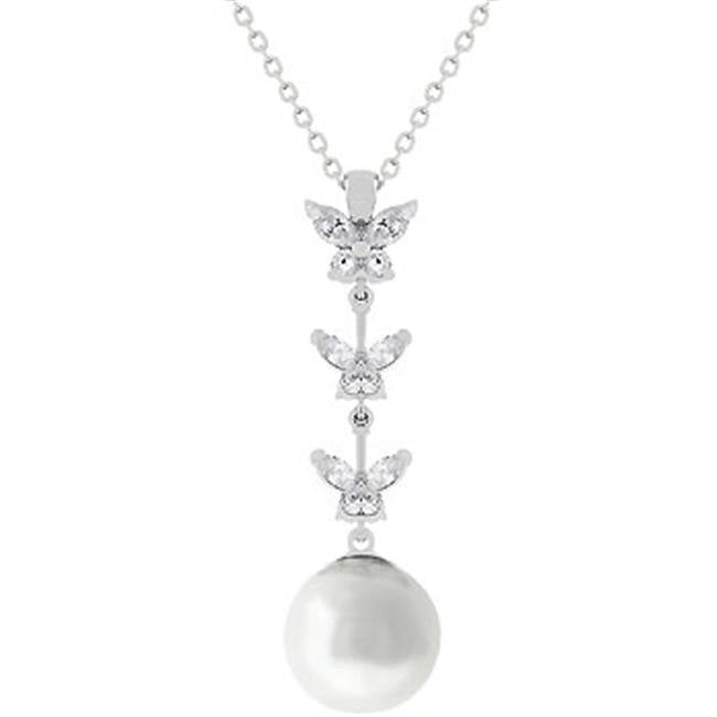 Genuine Rhodium Plated Pearl Pendant With a Pave Set Clear CZ Leaf Grasping a Tahitian Pearl in Silvertone