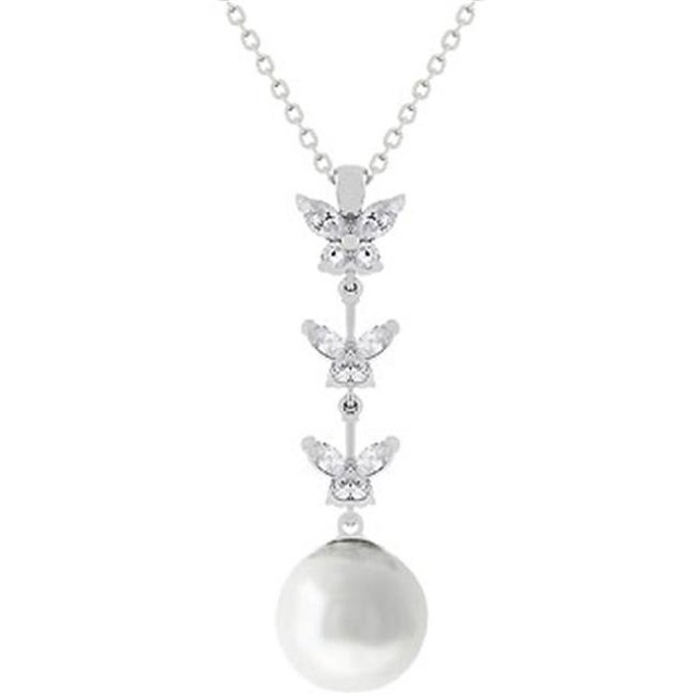 Genuine Rhodium Plated Pearl Pendant With a Pave Set Clear CZ Leaf Grasping a Tahitian Pearl in Silvertone