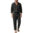 thumbnail image 3 of Men's Linen Blend Camp Collar Long Sleeve Shirt and Drawstring Pants Two Piece Outfit Black S, 3 of 7