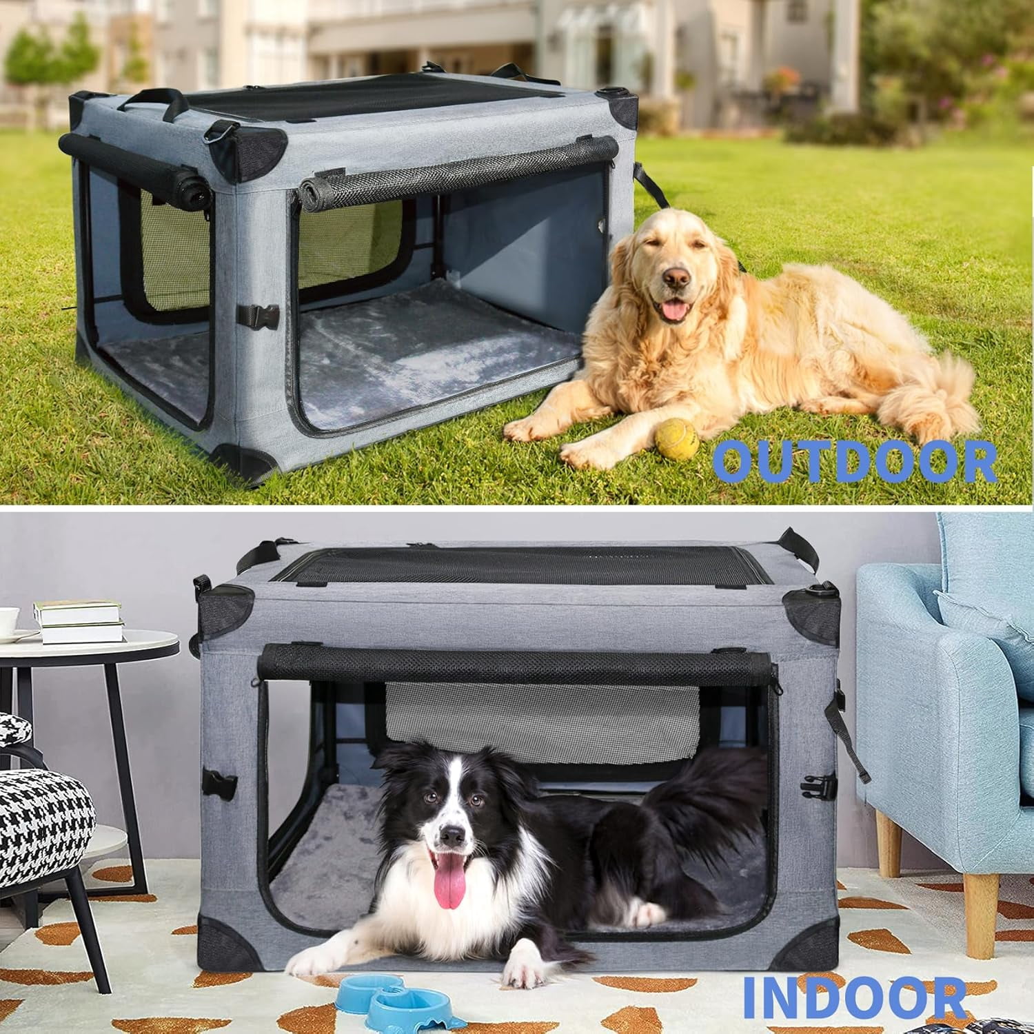 Collapsible Dog Crates for Large Dogs Portable Soft Sided Travel Dog Carrier for Indoor & Outdoor, 4-Door Foldable Pet Kennel with Durable Mesh Windows (Gray, 30.0" L x 20" W x 20.0" H)