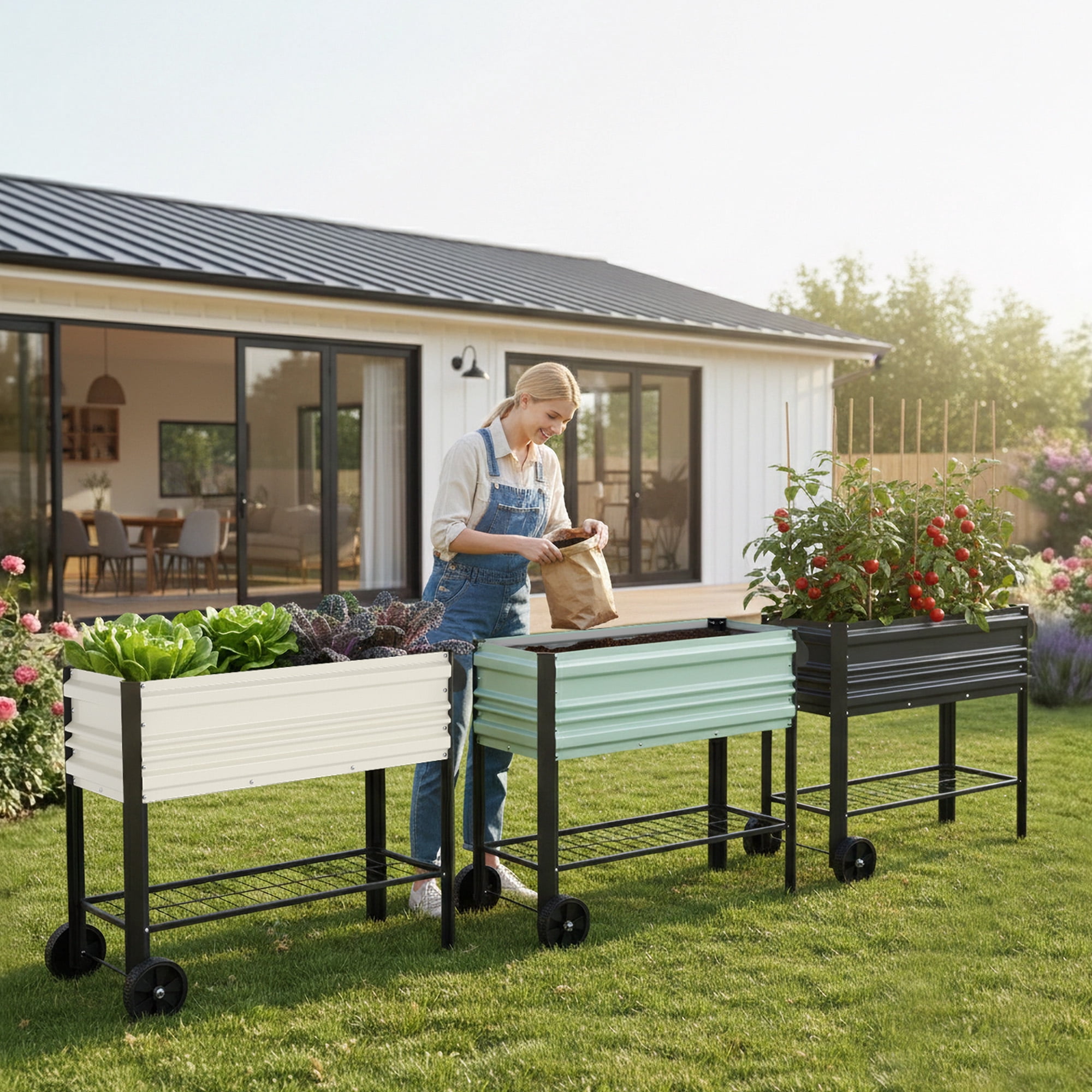 WORKPRO 37in Outdoor Galvanized Raised Garden Bed with Legs and Wheels -Light Green