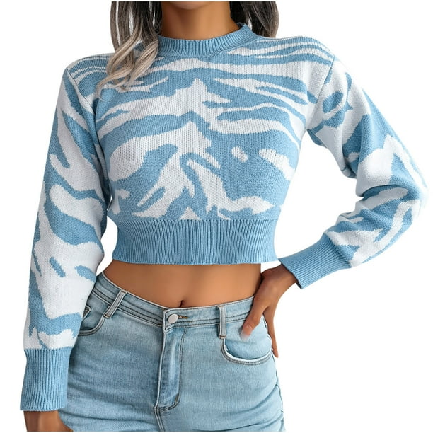 Suéter de mujer Suéter estampado casual de moda Suéter de punto de ombligo recortado de manga larga Suéter de cuello redondo corto Odeerbi ODB-2