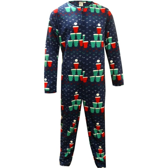 BioWorld Merchandising Mens Beer Pong Christmas Tree One Piece Union Suit Pajama (Medium)