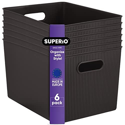 Superio Ribbed Plastic Storage Basket Organizer (6 Pack), 22 Liter Classic Closet Storage Bin for Shelf, Desk, Pantry â Store Toys, Clothes, Cosmetics, Stationary â Brown