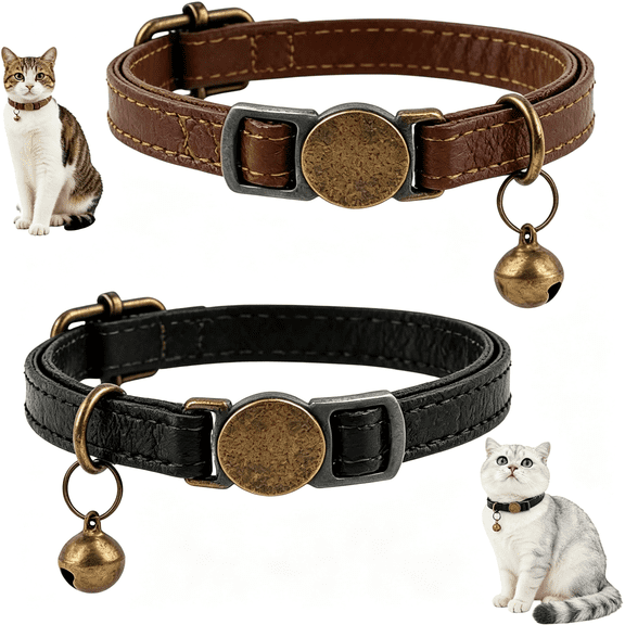 GASTROPOD 2 Pcs Retro Leather Cat Collar for Boy Cats,Adjustable Breakaway Cat Collar with Bell,Soft Pu Leather Collars for Kittens Small Pets (Black & Brown)