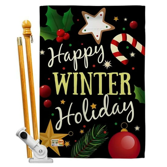 Breeze Decor BD-XM-HS-114148-IP-BO-D-US17-BD 28 x 40 in. Happy Winter Holiday Christmas Impressions Decorative Vertical Double Sided House Flag Set & Pole Bracket Hardware