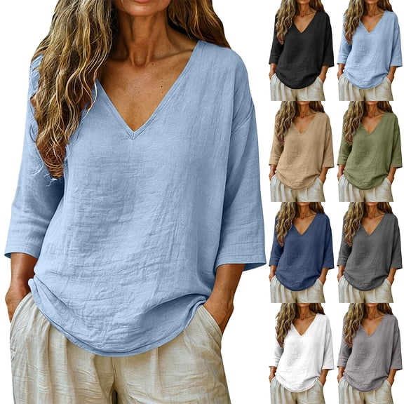 Women's Cotton Linen Blend T-Shirts 3/4 Sleeve V Neck Loose Fit Casual Tops Summer Pullover Shirts Daily Wear Army Green 2XL