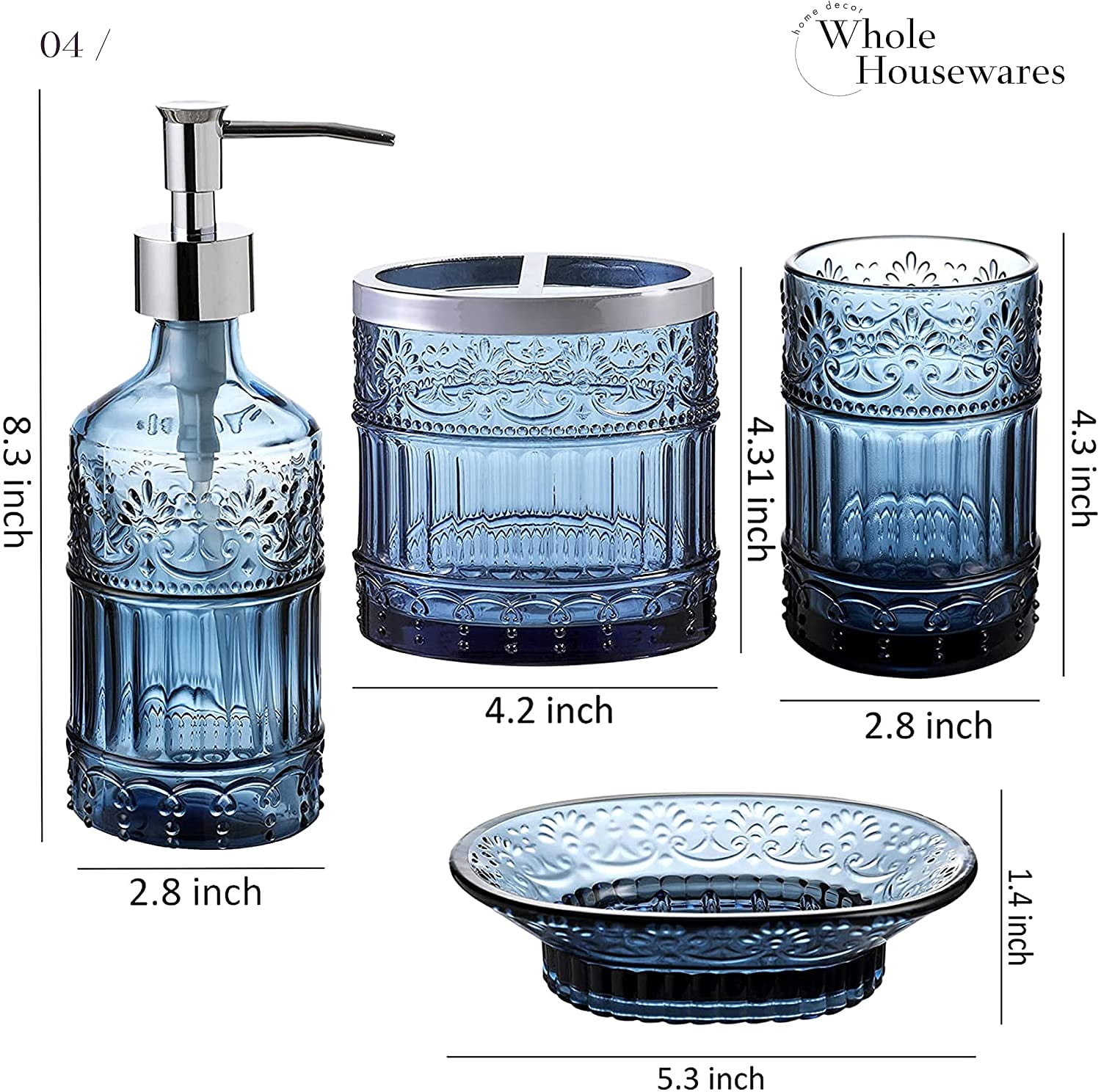  WHOLE HOUSEWARES, Bathroom Accessory Set, Accesorios de Baño, 4-Piece Decorative Glass Bathroom Accessories Set, Soap Dispenser,Tray,  Jar,Toothbrush Holder, Gift Idea