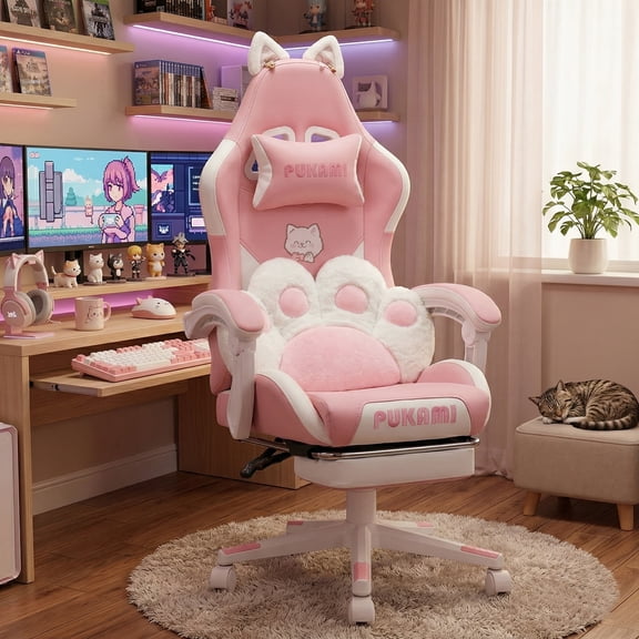 Waleaf Pink Gaming Chair with Cat Paw Lumbar Cushion and Cat Ears for Girls, Reclining Office Computer Chair with Footrest for Adults, Teens