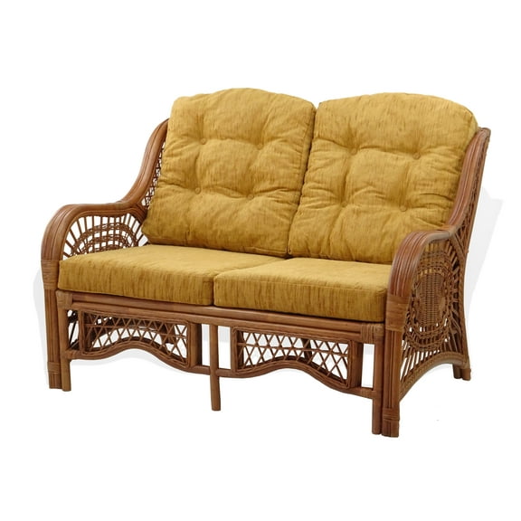 SK New Interiors Malibu Loveseat Lounge Sofa ECO Natural Rattan Wicker Handmade Design w/Light Brown Cushions, Colonial