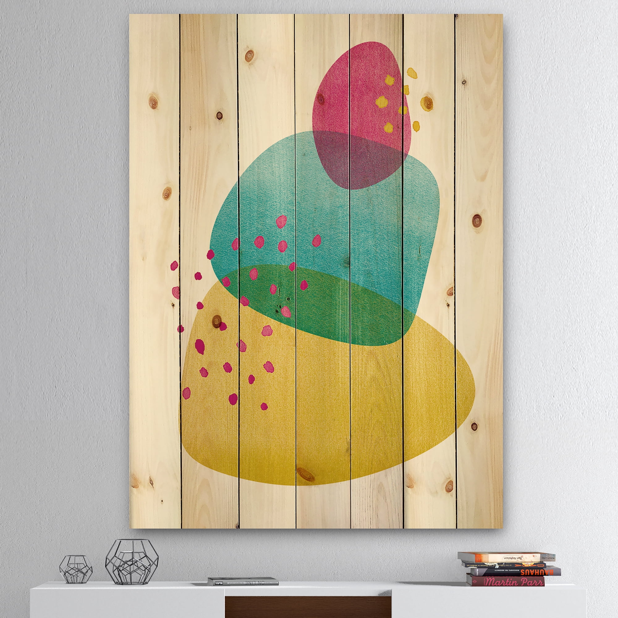 Designart 'Minimal Spots Balance I' Mid-Century Modern Print on Natural Pine Wood