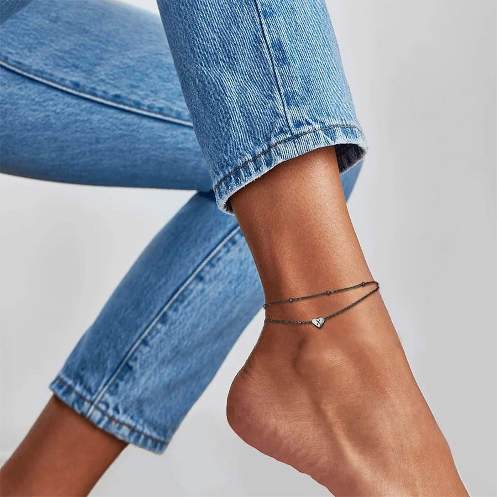 ChicSilver Trendy Sterling Silver Initial Anklet for Women Black Layered Beaded Chain Ankle Bracelet Summer Beach Jewelry