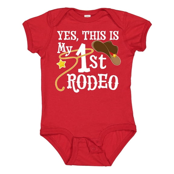 Inktastic Yes, This is My 1st Rodeo Cowboy Hat with Red Band, Lasso Boys or Girls Baby Bodysuit