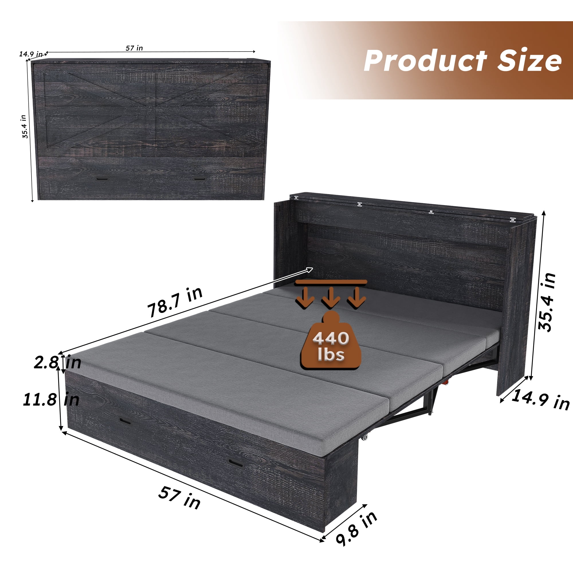 Mintazer Full Murphy Bed with 2.8" Mattress & Charging Station, Foldable Cabinet Bed with Storage Drawers for Bedroom Guest Room&nbsp;Living Room, Black