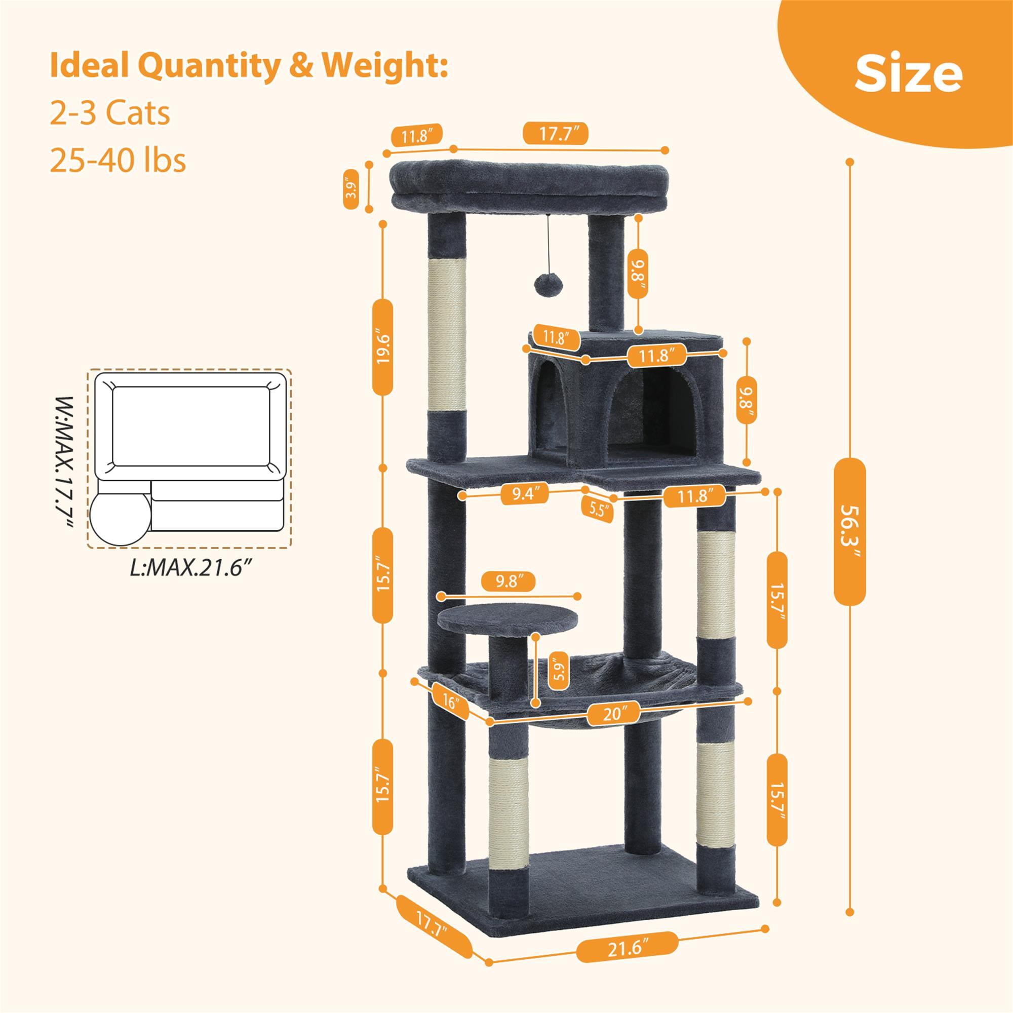Kadyn 56" Multi-Level Cat Tree Tower for Indoor Cats with Sisal Scratching Posts, Cozy Cat Condo, Large Hammock and Plush Perches Cat Tree House for Large Cats, Dark Gray