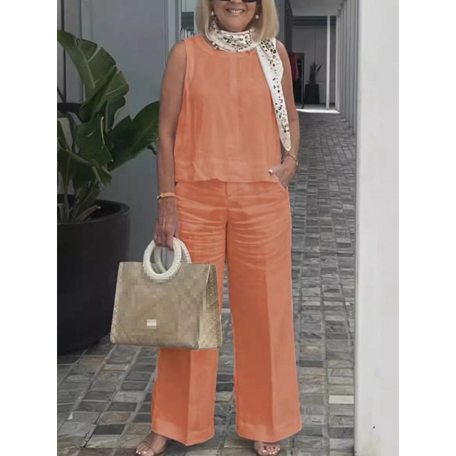 Trajes sencillos de lino y algodón para mujer, blusa holgada sin mangas a la moda de verano, pantalones de pierna ancha, conjunto de dos piezas para mujer, trajes informales