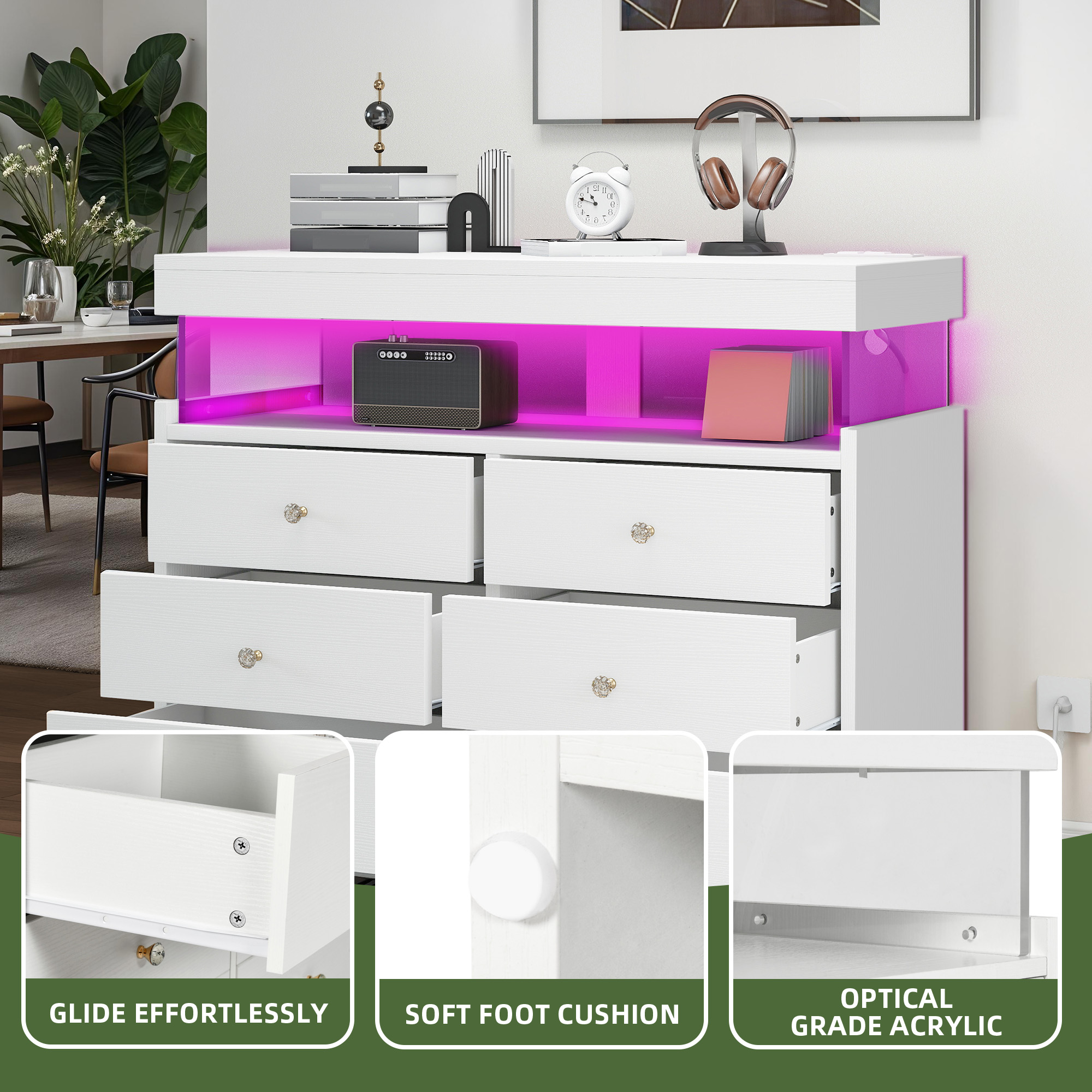 Uforic 6 Drawer Double Dresser with Power Outlets & LED Lights, Wood Chest of Drawers, White