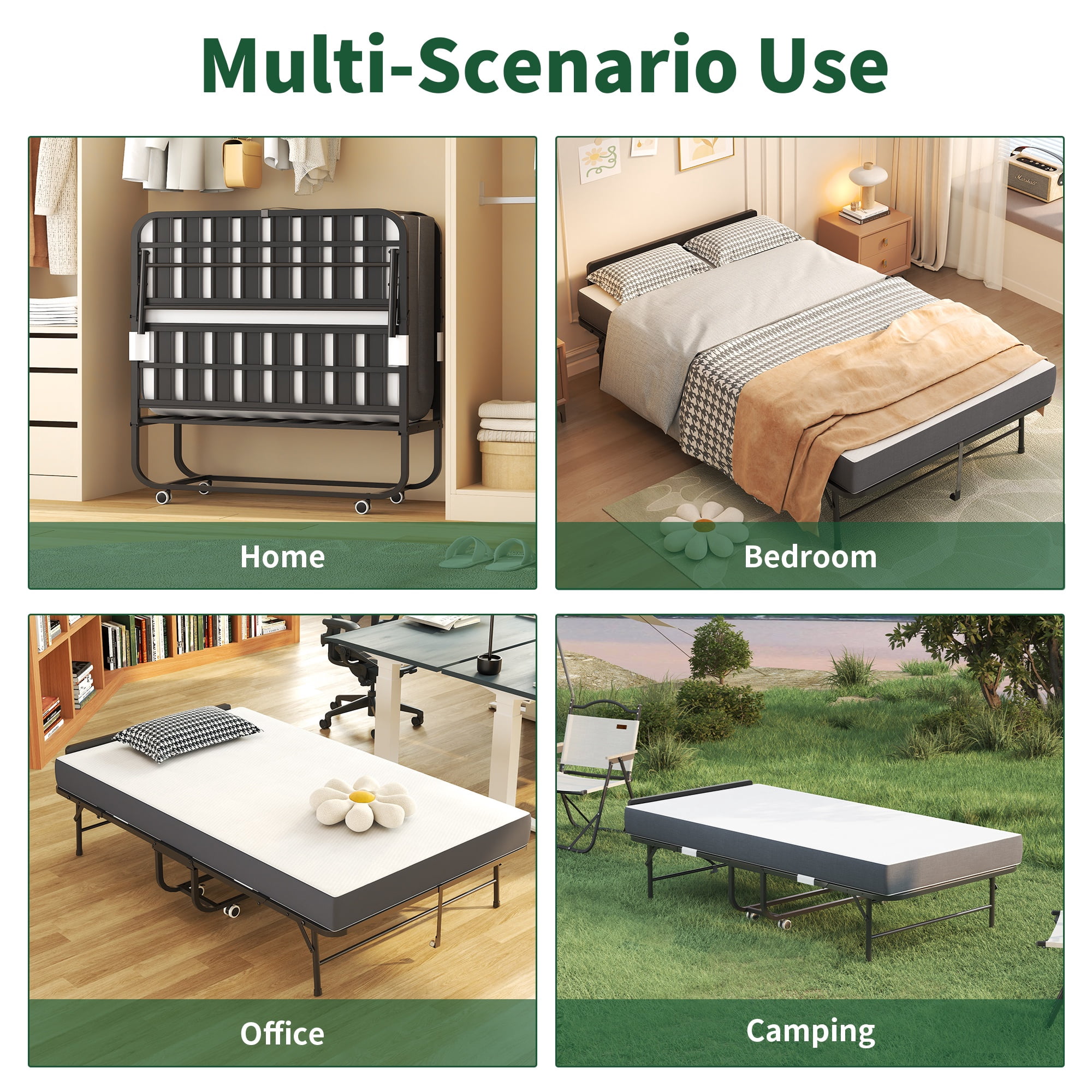 PORKISS Extra Wide Folding Bed with Mattress for Adults, Rollaway Guest Bed with 5" Memory Foam Mattress, Portable Foldable Bed with Locking Wheels, Space Saving Guest Bed, 74.8"x 45.6" + Headboard