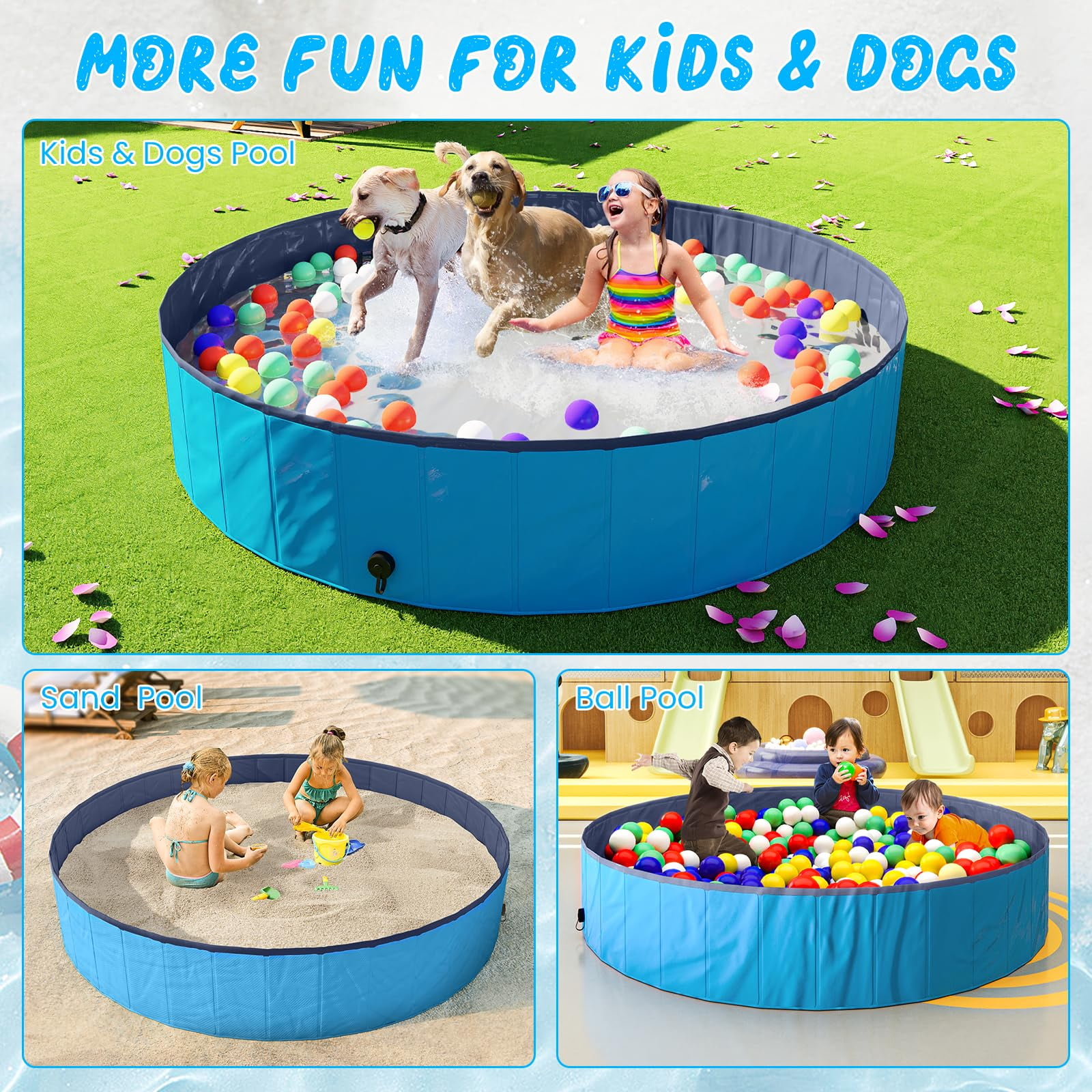 Baxluxe Foldable Portable Kid Pool for Kids and Pets, Outdoor Kiddie Pool with Hard Plastic, Portable Non-Slip Dog Bath Tub, Collapsible Dog Swimming Pool for Kids (Blueness, 63" x 12")