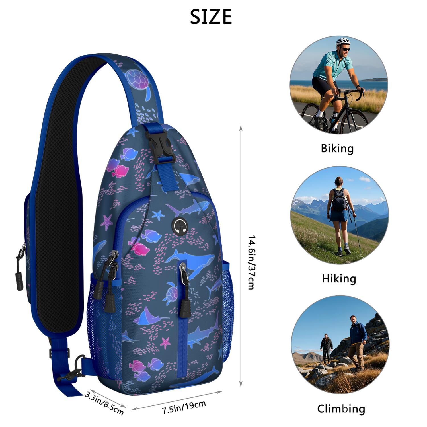 Crossbody Sling Backpack for Women Men Ocean Life Whale Seastar Fish Turtle Shoulder Sling Crossbody Casual Chest Bag for Travel Sports Running Hiking