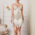 thumbnail image 2 of Women's 1920S Gatsby Dress V Neck Sequin Bead Fringed Hem Flapper Dress Beige L, 2 of 7