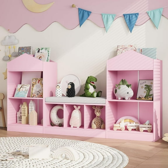 68.9“ Kids Bookshelf with Reading Nook, Toy Storage Organizer with Seat Cushion and 7 Storage Cubbies, Wooden Kids Bookcase, Toy Organizers and Storage for Nursery, Playroom, Pink
