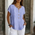 thumbnail image 2 of longantii Summer Tops for Women Basic Linen Graphic Tshirts Loose V-Neckline Short Sleeve Blouses Multi-Color Button Down Clothing Blue XL, 2 of 5