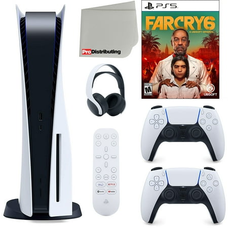 Sony Playstation 5 Disc Version (Sony PS5 Disc) with White Extra Controller, Headset, Media Remote, Far Cry 6 and Microfiber Cleaning Cloth Bundle