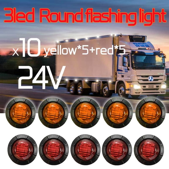 10-Pack 24V 3/4" Round LED Marker Lights – 5 Yellow 5 Red, IP68 Waterproof, for Truck Trailer Bumper Roof