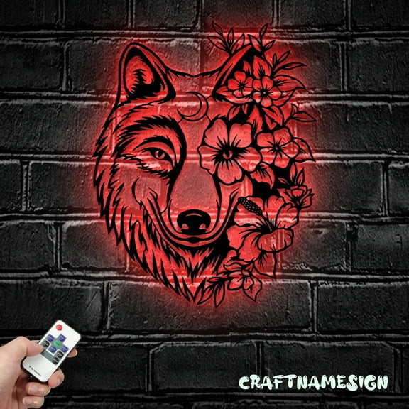 Craftnamesign Floral Wolf Metal Wall Art LED Light, Wolf Sign Home Decor, Ideal for Home Decor