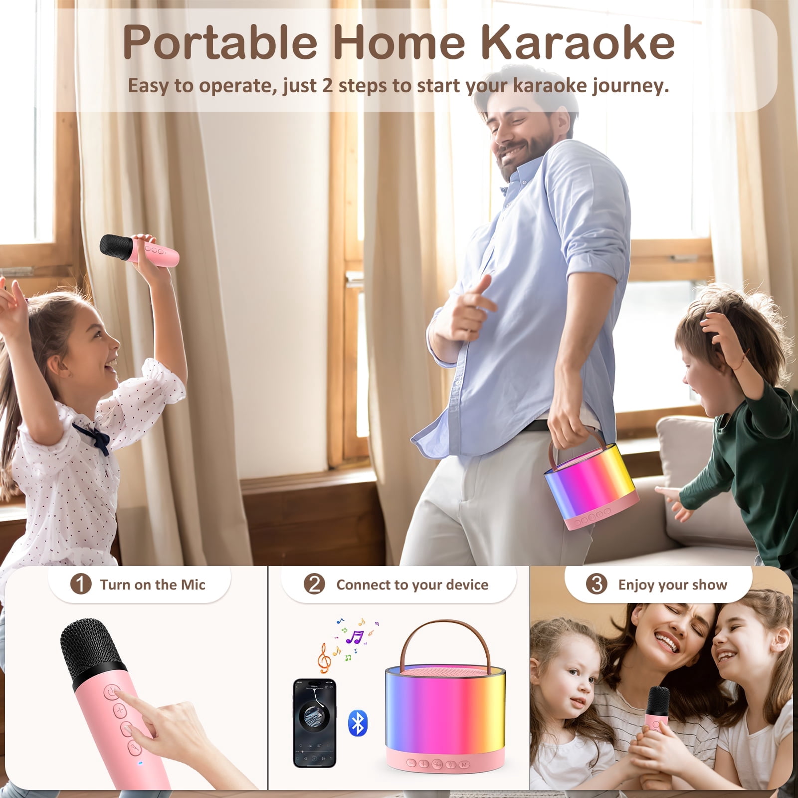 FanFun Karaoke Machine with Wireless Microphones for Adults Kids, Mini Karaoke Speaker with Rgb Lights, Support TF/AUX Input/4 Funny Magic Voice, D23P