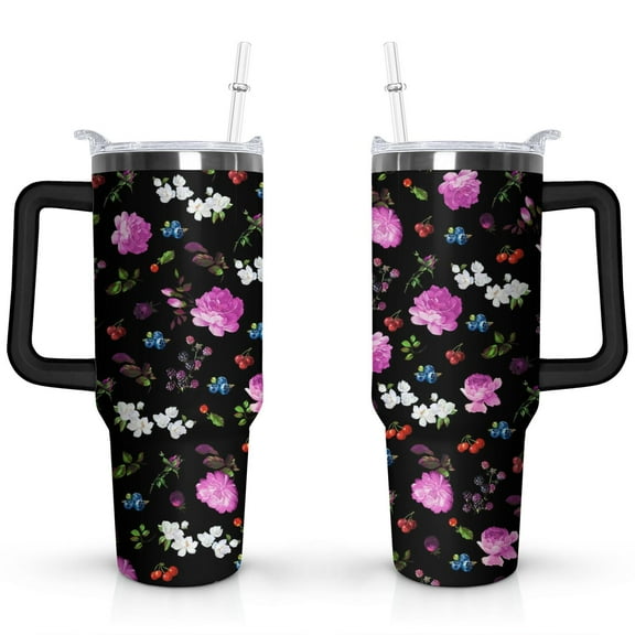 40oz Pioneer Tumbler with Handle Lid and Straw,Colorful Floral Tumblers Gifts for Women Girls Men Adults(Black)