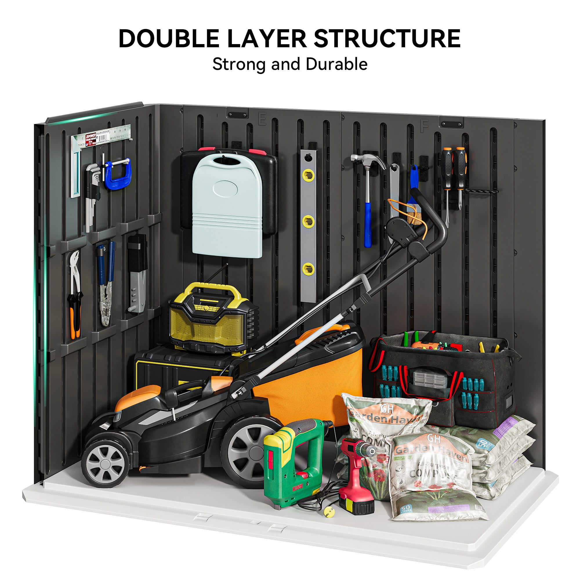 Outdoor Horizontal Storage Shed with X-Shaped Lockable Door, 35 Cu Ft Weather Resistant Resin Tool Shed