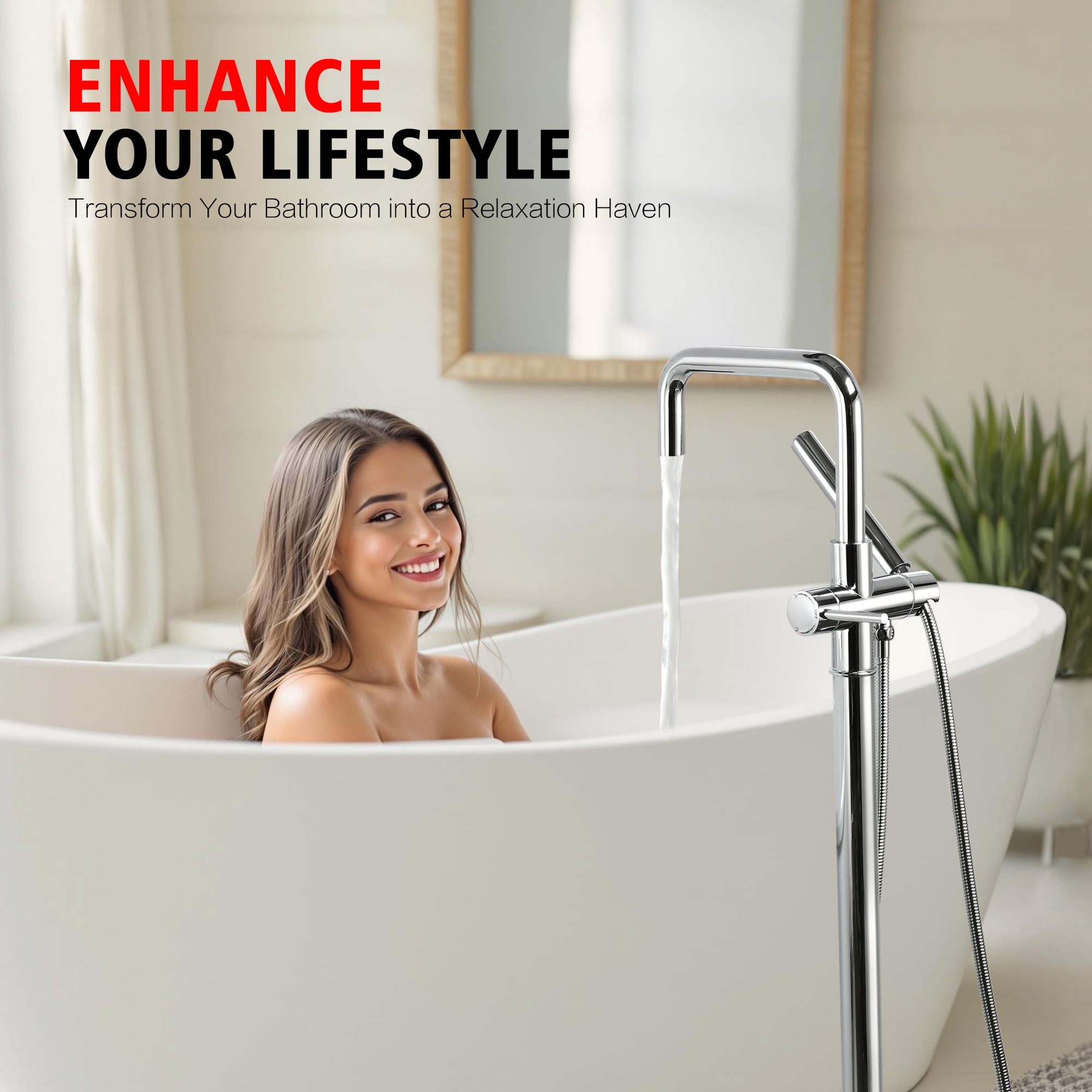 sumerain Freestanding Bathtub Faucet with Hand Shower, Floor Mount Tub Faucet Brass Single Handle High Flow Chrome