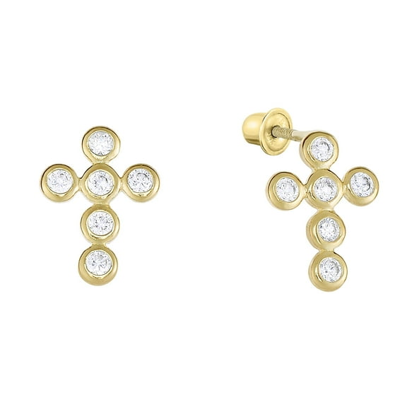 Tilo Jewelry 14K Yellow Gold Classic Cross CZ Stud Post Earrings with Secure Screw-Backs | Everyday Dainty Small Earrings for Women & Unisex