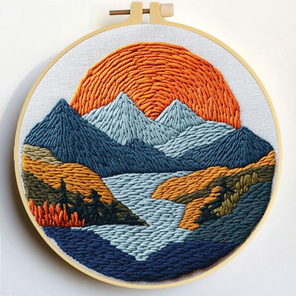 Punch Needle Kits Natural Landscape Sunset Mountains Embroidery Starter Set with Hoop Easy for Beginners DIY Stress Relief Handmade Craft Hobby and Home Decor 20x20cm-3