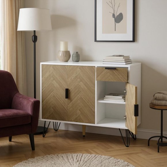 Homy Casa Modern White Wood Storage Cabinet with Adjustable Shelves and Drawer, 35.5in Accent Cabinet