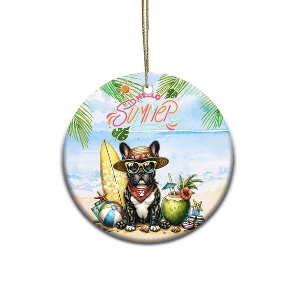 French Bulldog Hello Summer with Sunglasses and Surfboard Tropical Vibes Ceramic Round Ornament Dog Lover Gifts Home Tree Decor - 00007