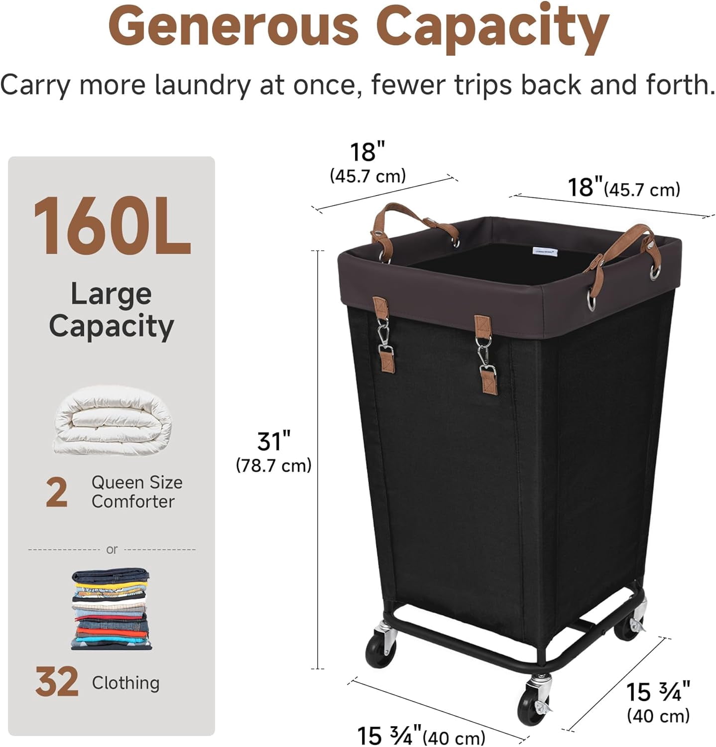 160L Laundry Basket with Wheels, Large Rolling Hampers for Clothing Organizer, Dirty Clothes Basket for Hotel, Home, Closet, Dorm, Black