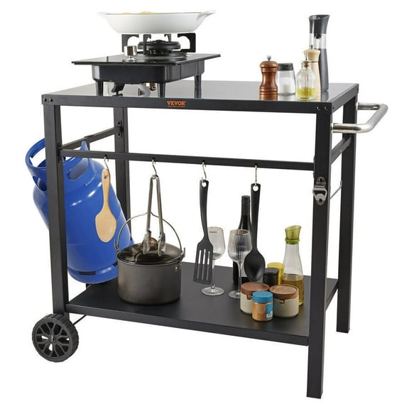 Outdoor Grill Dining Cart Double-Shelf BBQ Movable Food Prep Trolley Patio