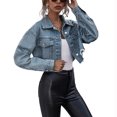 thumbnail image 4 of Txlixc Chaqueta de vaquero corta para mujeres, manga larga casual para adultos, dobladillo desgastado y solapa Txlixc  moda, 4 of 8
