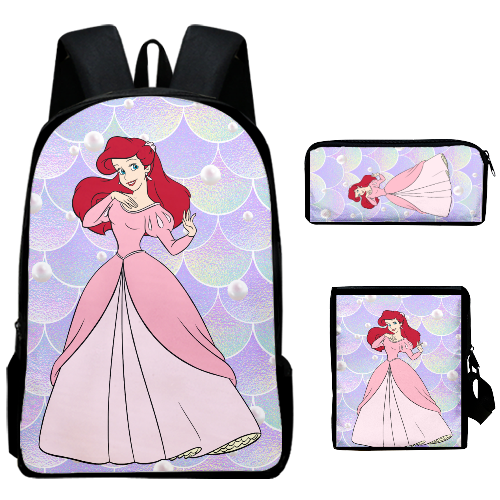 Fnyko Backpack 3 Pieces Set Cartoon The Little Mermaid Backpack 3D Printing Kids School Bags