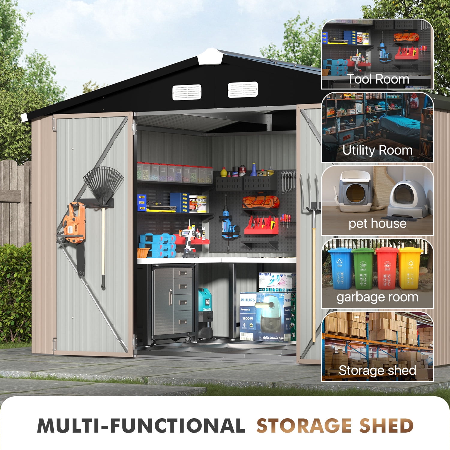 BaPiPro 10x8 ft Outdoor Metal Storage Shed with Base - Lockable Door & Waterproof, for Tools, Garden Equipment/Bikes, Brown