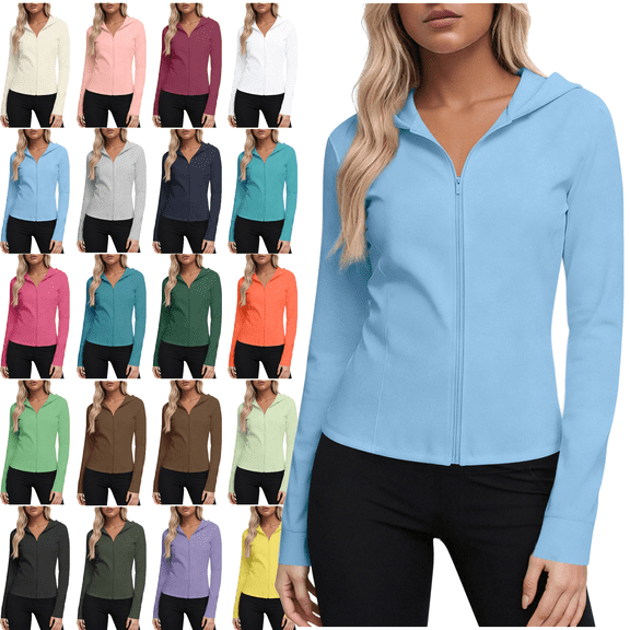 Womens Sun Protection Jackets Plus Size Long Sleeve Zip Up Hoodie Cinched Waist Slim Lightweight Athletic Running Rash Guard Tops S-5XL