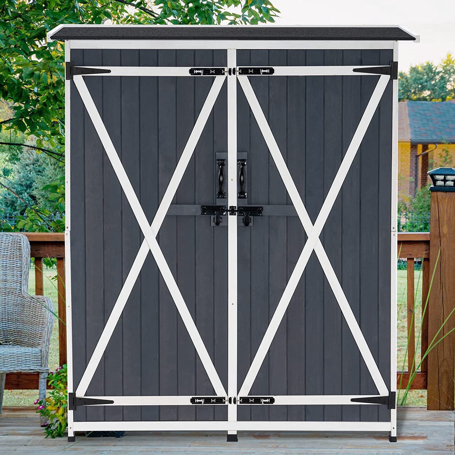 MCombo 64 inch Tall Outdoor Storage Cabinet with Shelves and Floor, Lockable Double Doors Garden Wood Tool Shed, Fir Wood